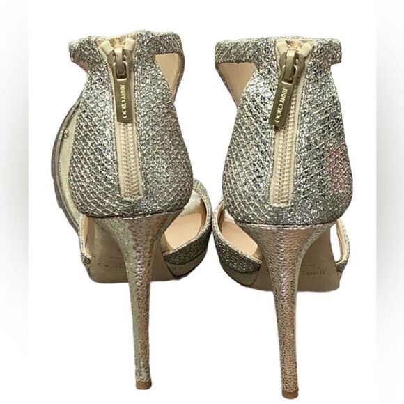JIMMY CHOO SPARKLY GLITTERY T STRAP PEEP TOE HIGH HEEL STILETTO SHOES SIZE 37.5 - Picture 4 of 7